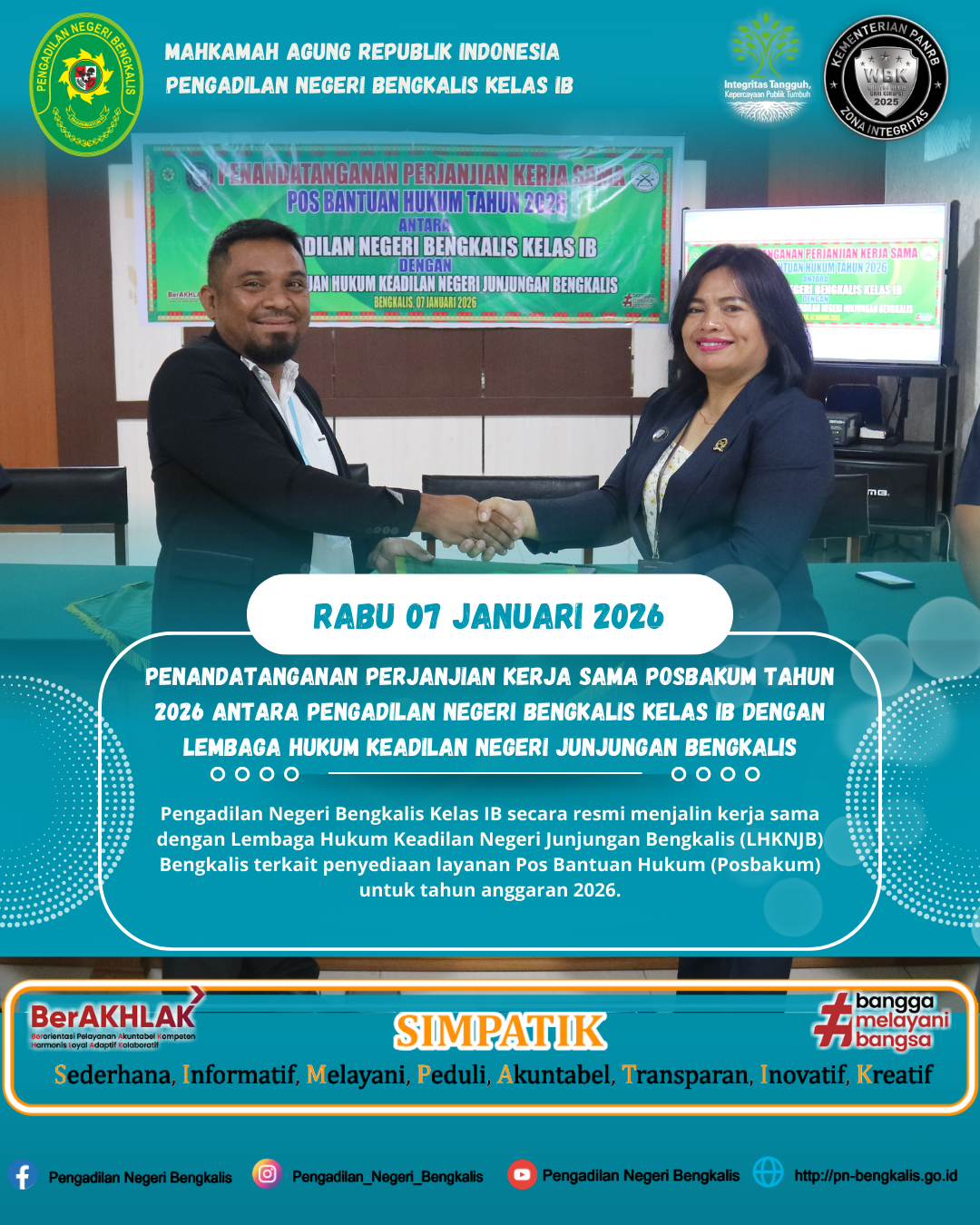 PERKUAT AKSES KEADILAN, PN BENGKALIS TEKEN MOU POSBAKUM TAHUN 2026 DENGAN  LEMBAGA BANTUAN HUKUM KEADILAN NEGERI JUNJUNGAN BENGKALIS